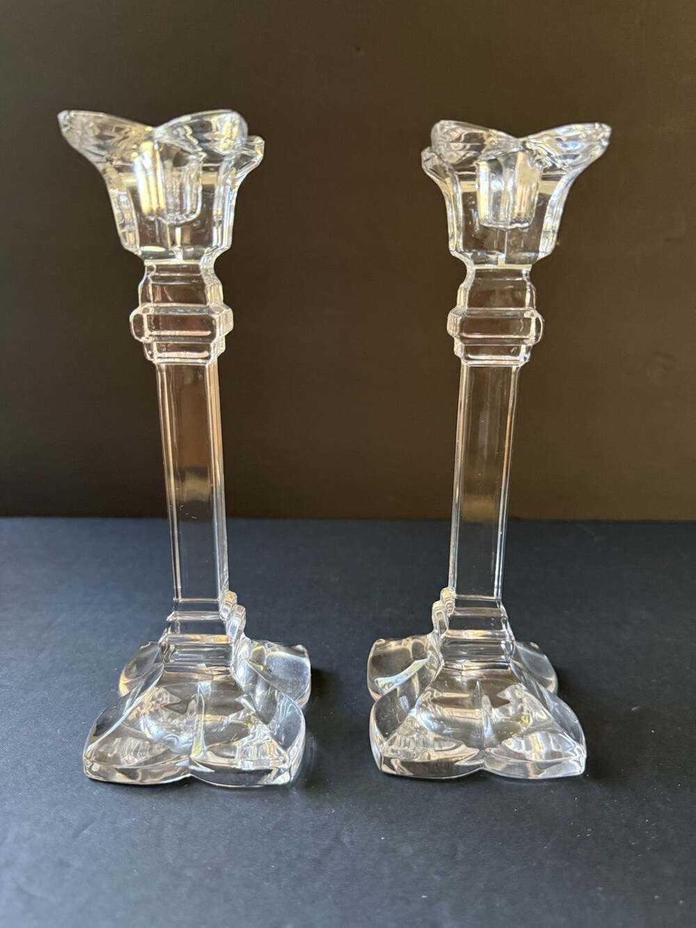 Vintage Mikasa Blossom Lead Crystal Candlestick Holders 8” Set (2) Clear Modern